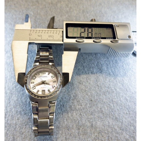 Fossil AM-4175 Pink MoP & Crystals Date Dial Stainless Steel‎ Womens 28mm Watch - Picture 13 of 14
